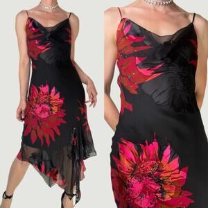 Cache silk beaded floral slip dress cocktail formal prom sequin midi cowl neck 8